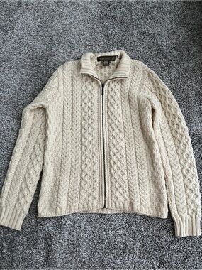 Inis Crafts 100% Wool Cable Knit Cream Zip Up Sweater